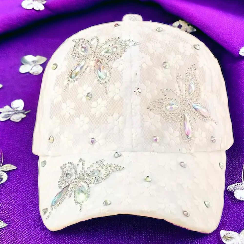WHITE LACE WITH RHINESTONE BUTTERFLIES BASEBALL CAP